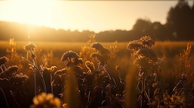 A field of flowers with the sun setting behind it