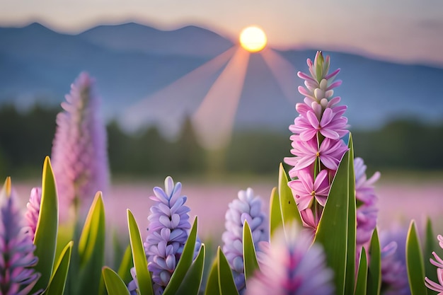 A field of flowers with the sun setting behind it