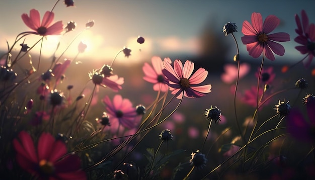 A field of flowers with the sun setting behind it