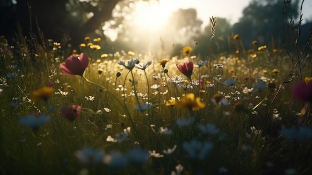 A field of flowers with a sun setting behind it