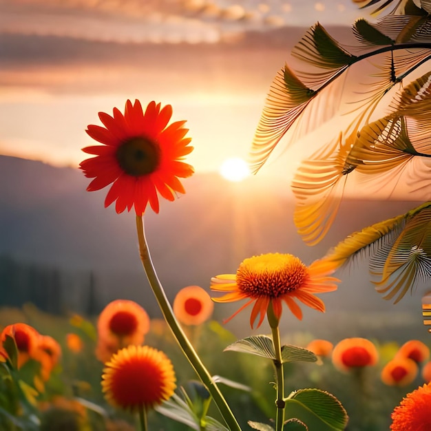 A field of flowers with a sun setting behind it