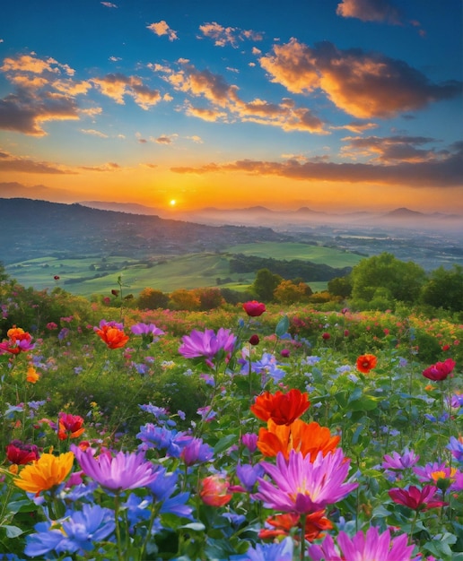 a field of flowers with the sun setting behind them