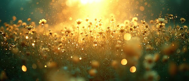 a field of flowers with a sun shining in the background