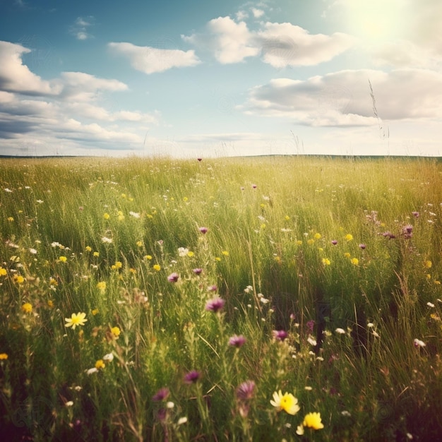 A field of flowers with the sun shining on it