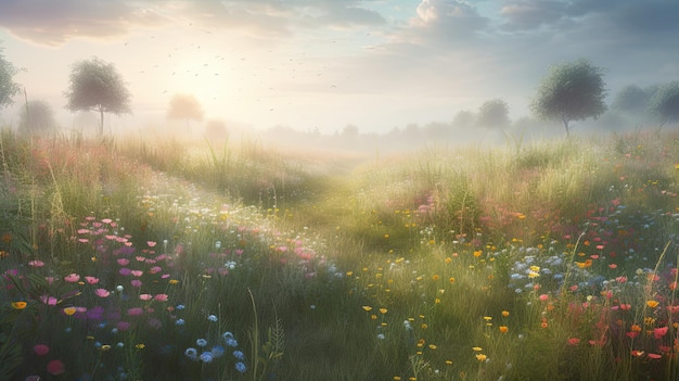 A field of flowers with the sun shining on it