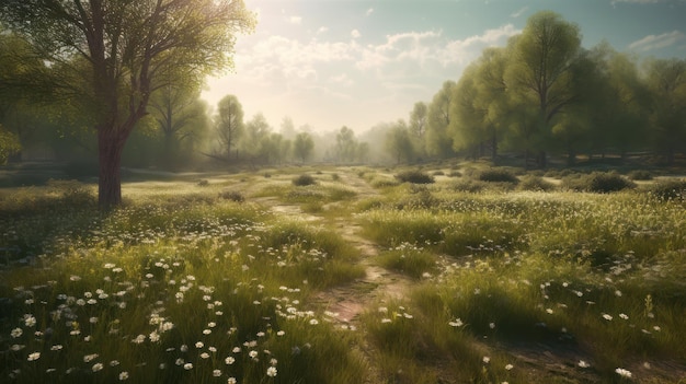 A field of flowers with a sun shining on it