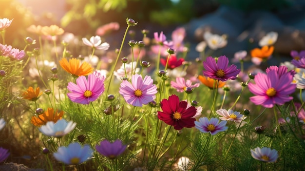 A field of flowers with the sun shining on it