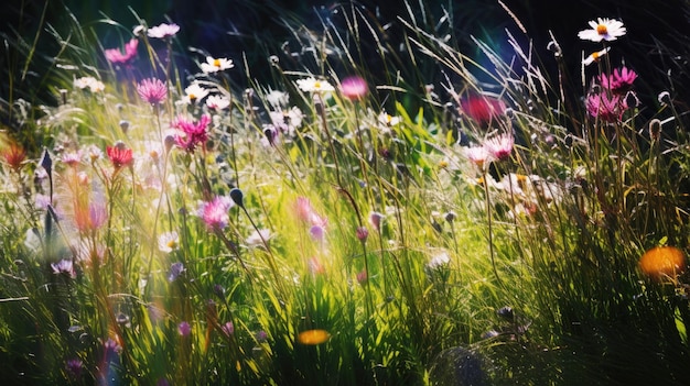 A field of flowers with the sun shining on them