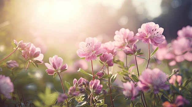 A field of flowers with the sun shining on them