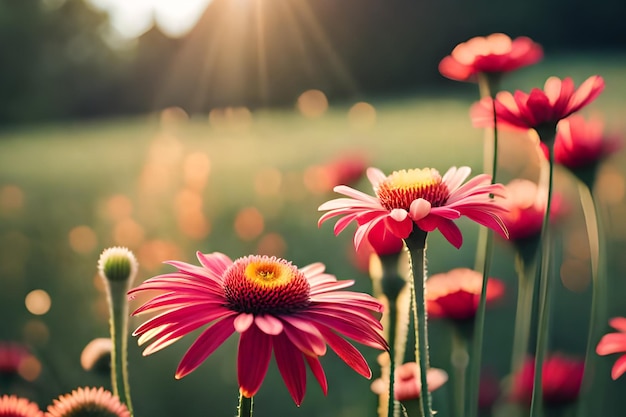 A field of flowers with the sun shining on them