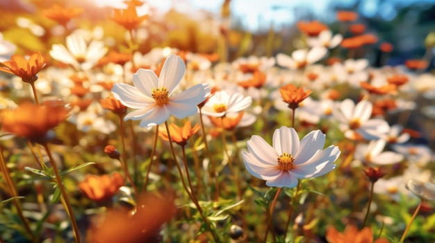 A field of flowers with the sun shining on them