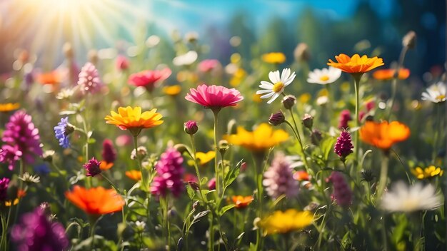 Photo a field of flowers with the sun shining through the background