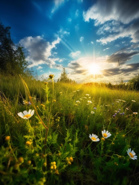 A field of flowers with the sun shining through the clouds