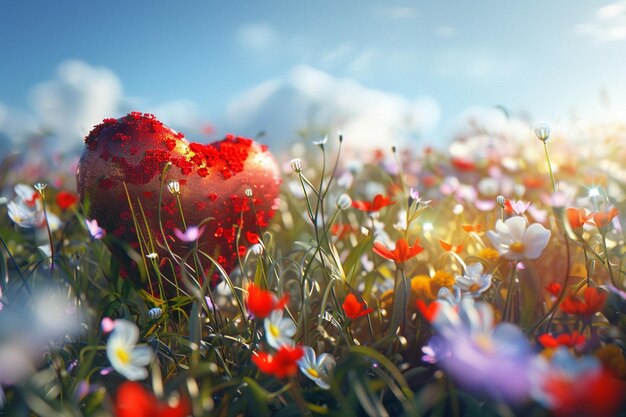 a field of flowers with the sun shining through the grass
