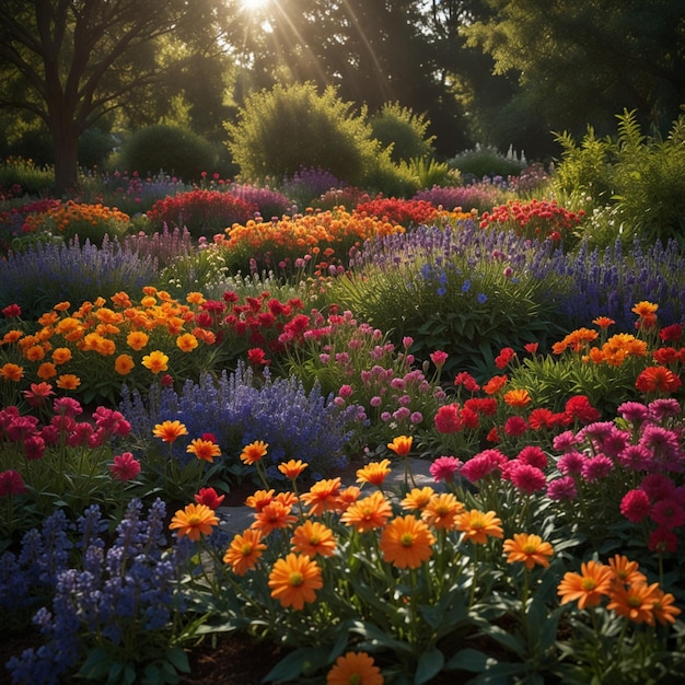 A field of flowers with the sun shining through the trees