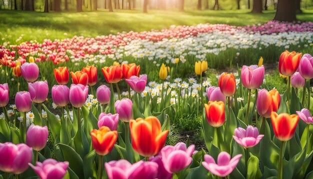 a field of flowers with the sun shining through the trees