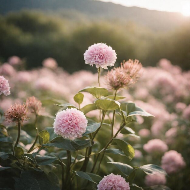 a field of flowers with the sun behind them