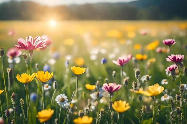 A field of flowers with the sun behind them