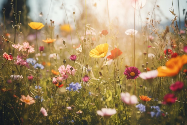 A field of flowers with a sunburst in the background