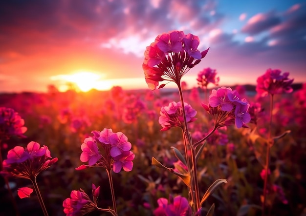 A field of flowers with a sunset in the background