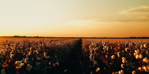 A field of flowers with a sunset in the background