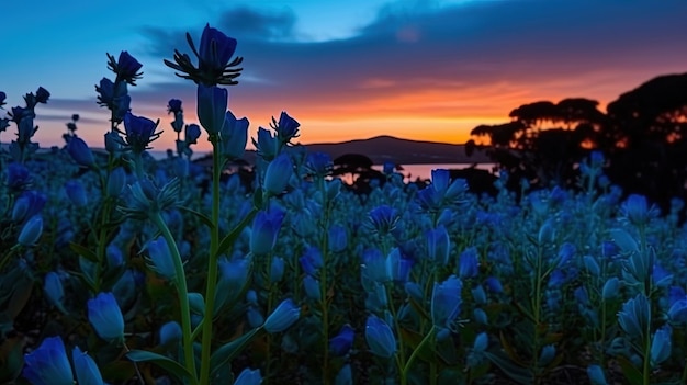 A field of flowers with a sunset in the background