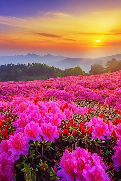 A field of flowers with a sunset in the background