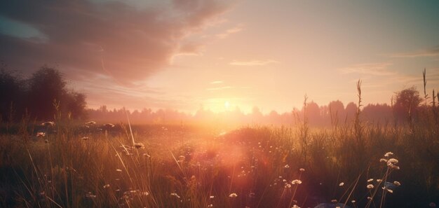 A field of flowers with a sunset in the background