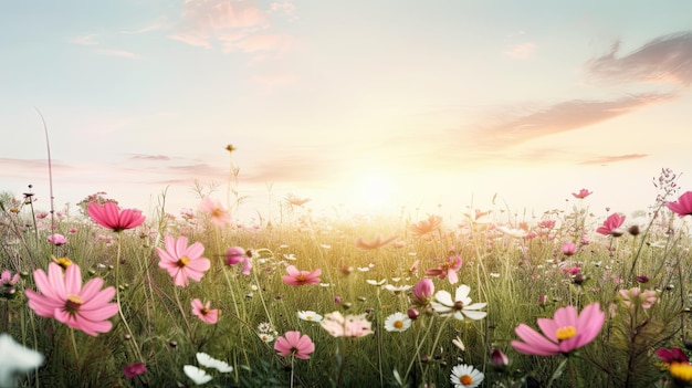 A field of flowers with a sunset in the background