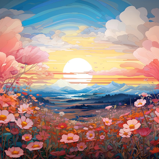 a field of flowers with a sunset in the background