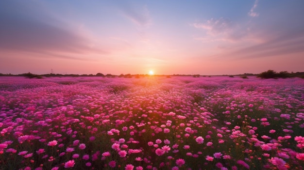 A field of flowers with a sunset in the background