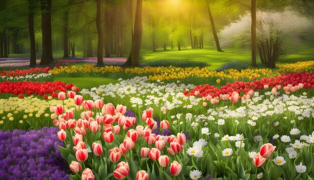 a field of flowers with a sunset in the background