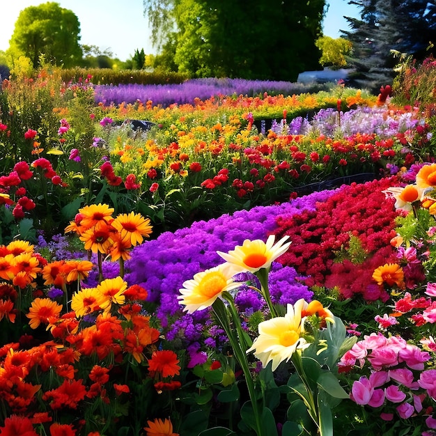 a field of flowers with a tree in the background