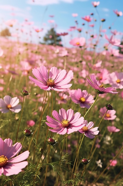 A field of flowers with a tree in the background