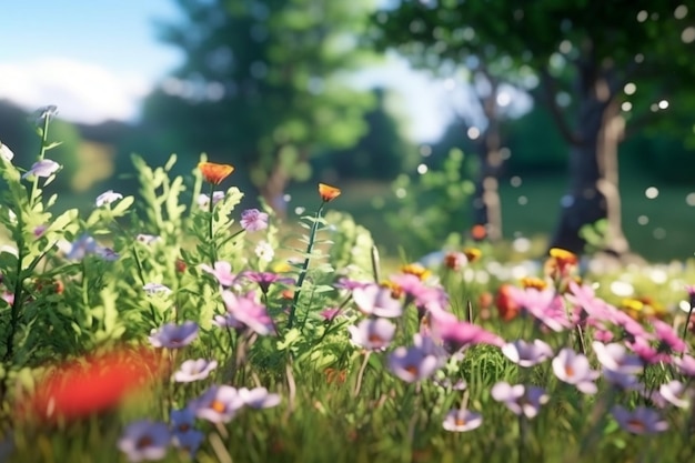 A field of flowers with a tree in the background