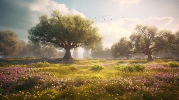 A field of flowers with a tree in the foreground and a sky with clouds in the background.