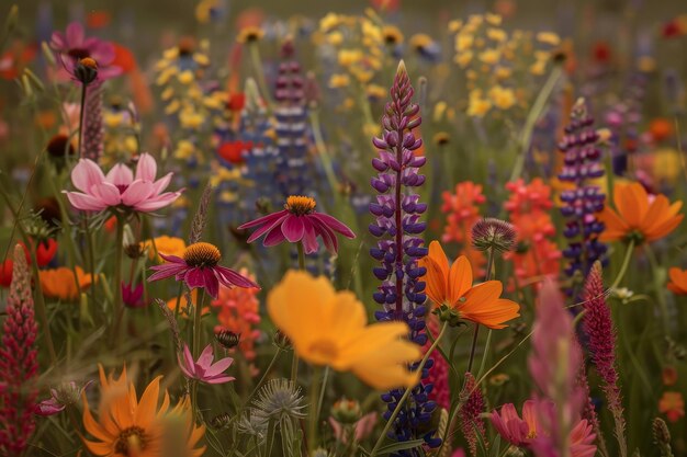 A field of flowers with a variety of colors including pink yellow and orange