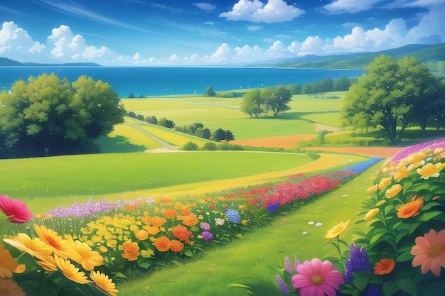 A field of flowers with a view of the sea