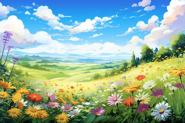 a field of flowers with a view of the valley.