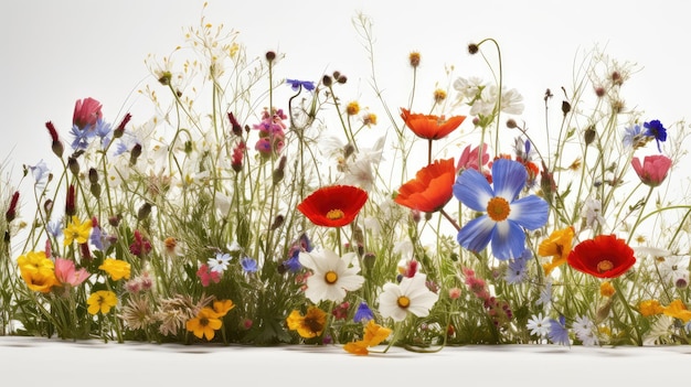 A field of flowers with a white background