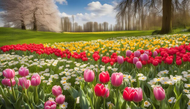 a field of flowers with a white tulip in the background