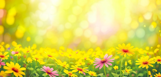 A field of flowers with a yellow background