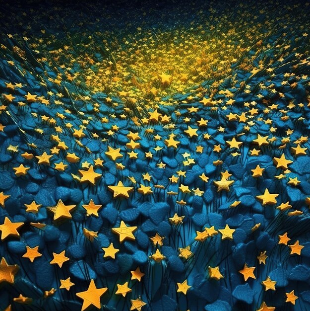 A field of flowers with yellow stars in the middle