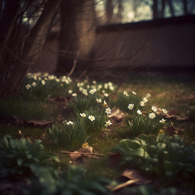 A field of flowers in the woods