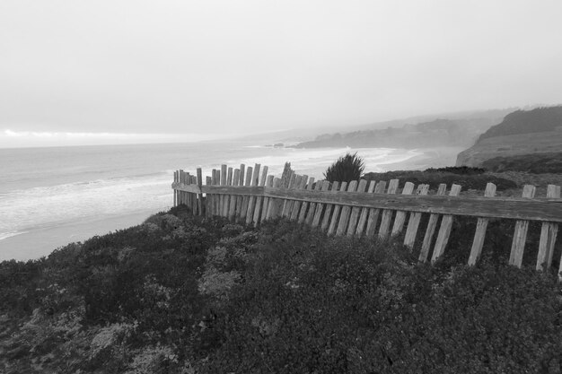 Foto campo di fronte al mare contro un cielo limpido