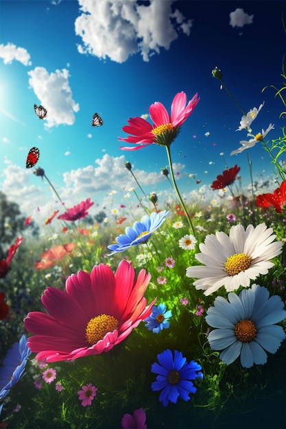 Field full of colorful flowers under a blue sky generative ai