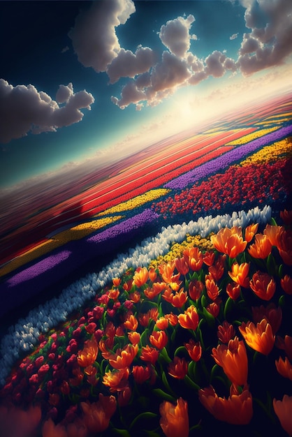 Field full of colorful tulips under a cloudy sky generative ai