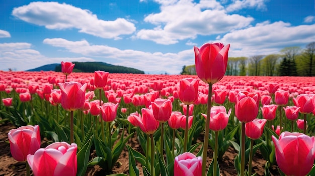 Field full of colorful tulips under a cloudy sky