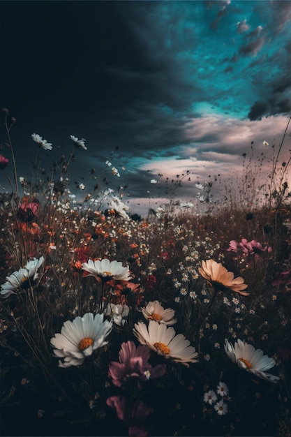 Photo field full of flowers under a cloudy sky generative ai