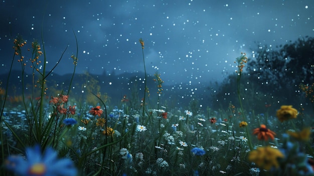 Field full of flowers under cloudy sky